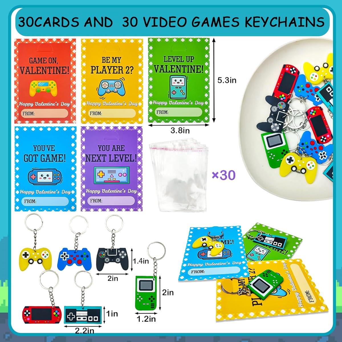 Leetous Valentine's Day Gift Cards for Kids Classroom - 30 Pack Video Game Keychains with Class Exchange Cards for Kids Valentine Goodies Bag Stuffers School Party Favors Giveaways for Boys/Girls