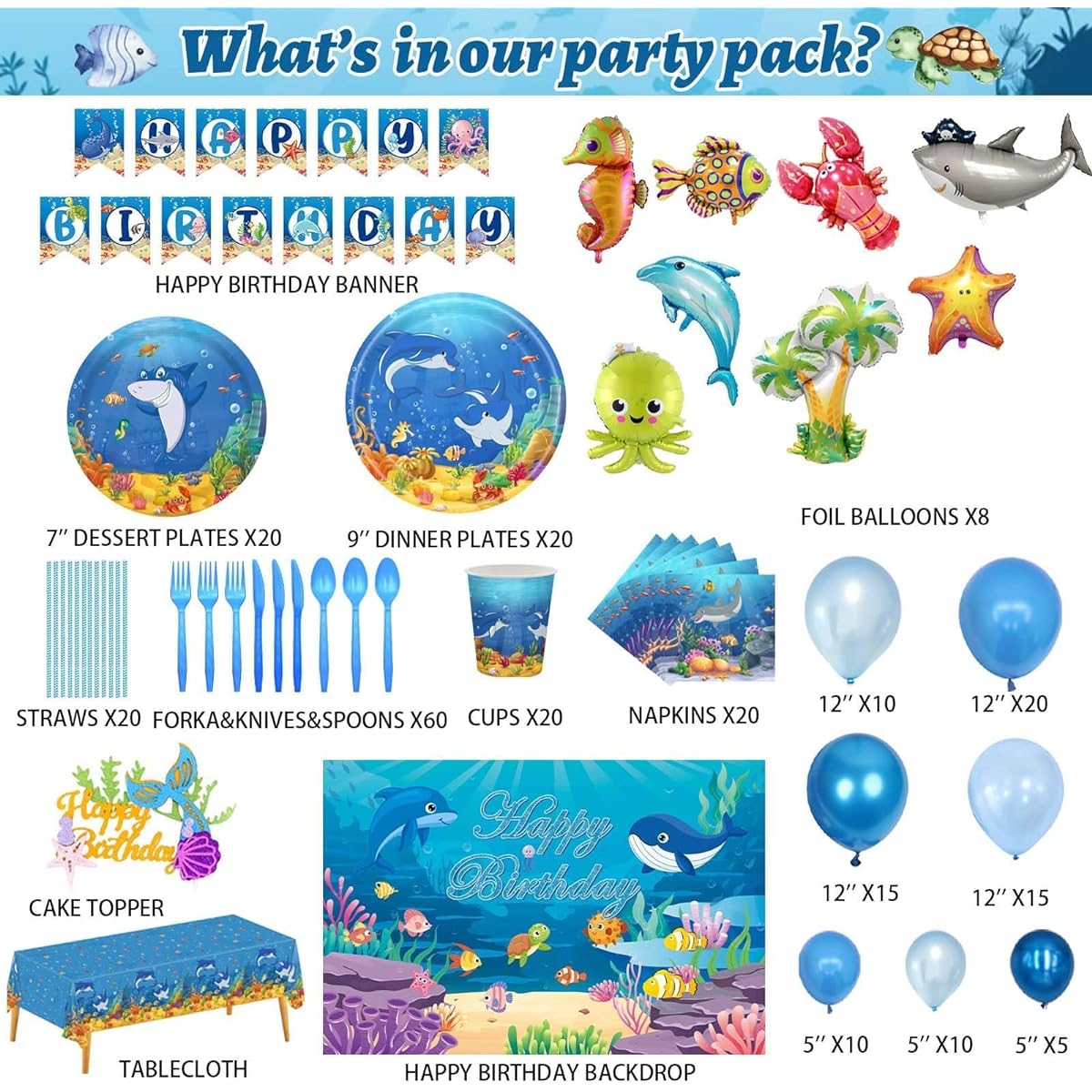 Hombae Undersea Party Decorations 228 Pieces Sea Theme Birthday Party Supplies Backdrop Balloon Garland Banner Tablecloth Cake Topper Plate Napkin Cup Straw Knife Spoon Fork Shark Octopus