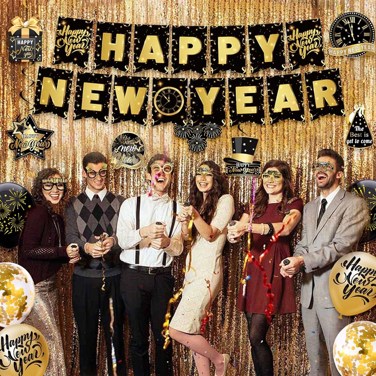 Chilfamy 2023 New Year Decorations Gold Black Happy New Year Party Supplies with Bunting Banner Swirl Glasses Photo Booth Props Balloons Set for New Year's Eve Party Celebration