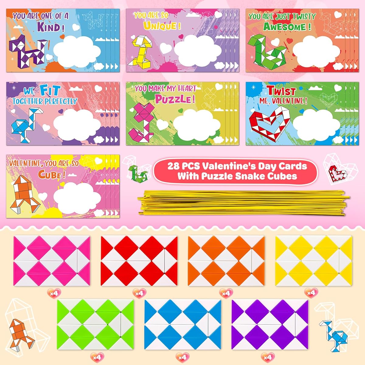 28 Pack Valentine Cards for Kids Classroom Mini Twist Puzzle Snake Cube Toy Blocks Fidget Snake Cube Valentine Gifts for Kids Valentines Kids Classroom Exchange