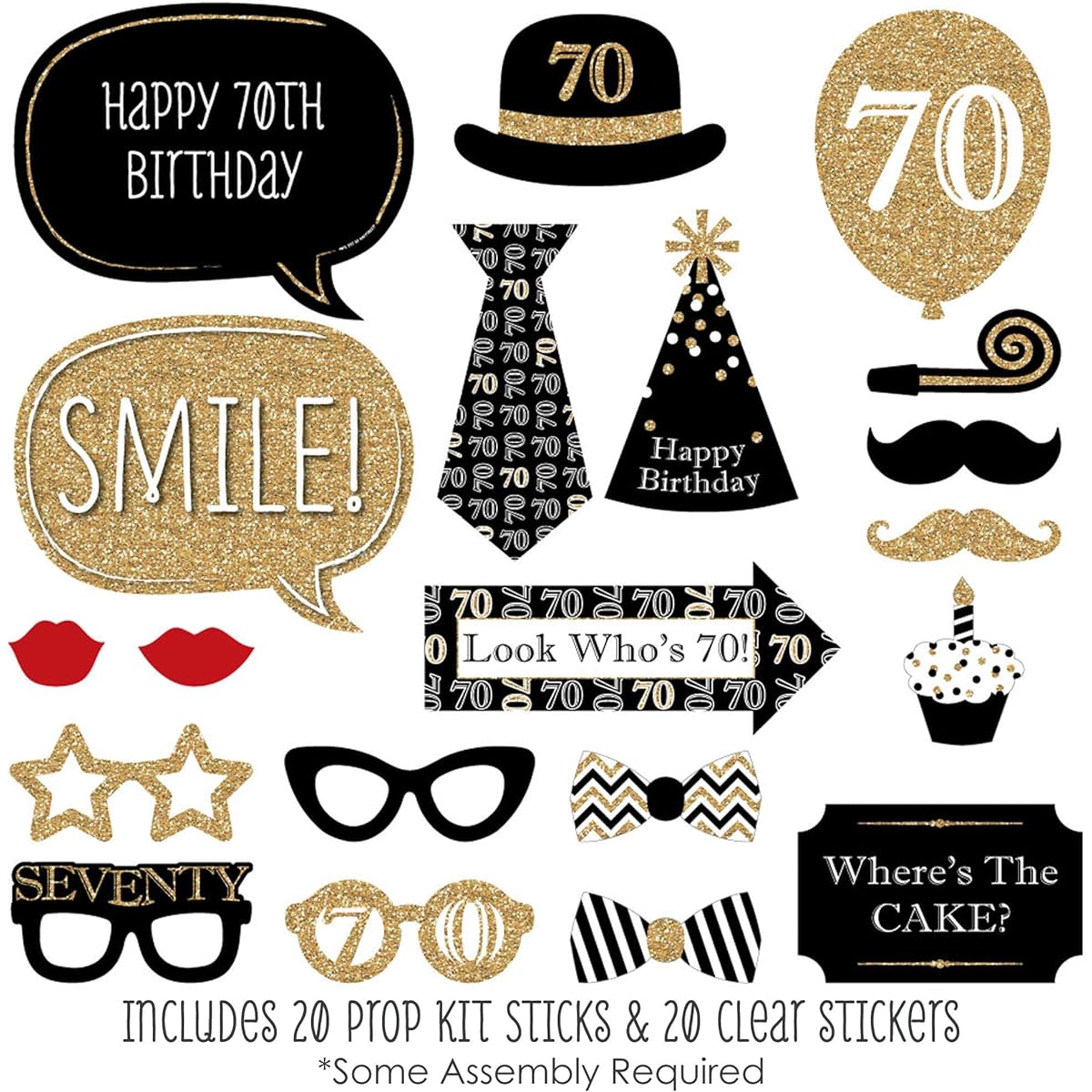 Adult 70th Birthday - Gold - Photo Booth Props Kit - 20 Count