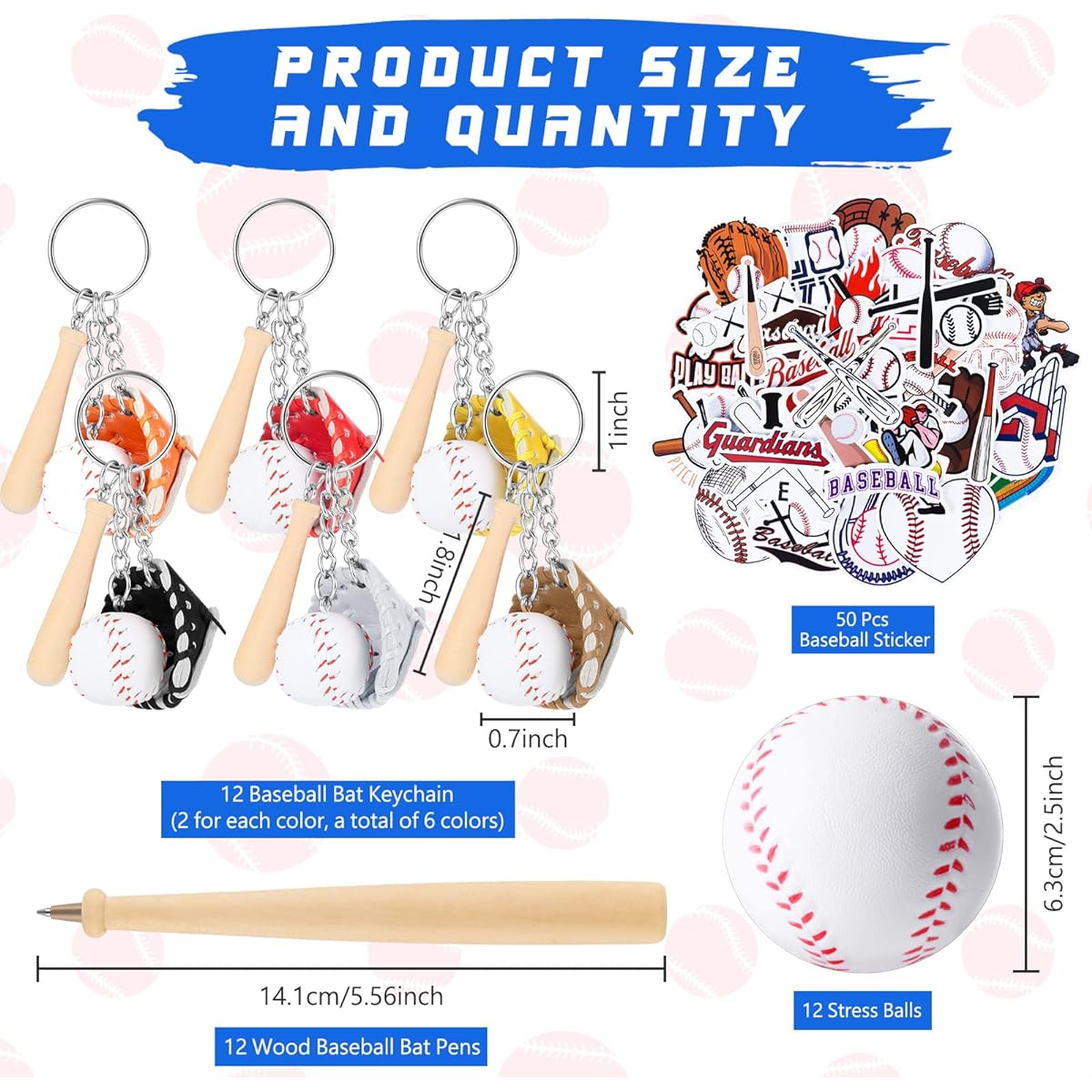 Baseball Party Supplies 86pcs Sports Stress Balls 12pcs Wooden Baseball Bat Keychains 12pcs Wooden Baseball Bat Pens 50pcs Baseball Stickers Baseball Party Theme Supplies for Team Party, As the picture shows, about 6.3cm