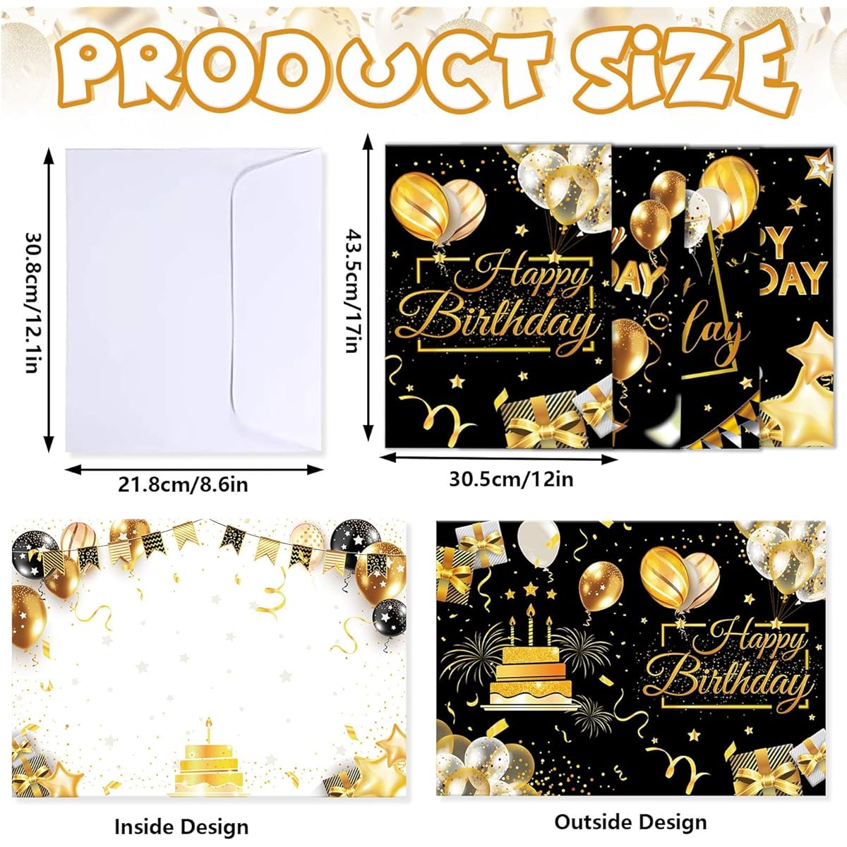 Whaline Jumbo Birthday Cards with White Envelopes, Gold Black Birthday Cake Balloons, Happy Birthday Greeting Cards, Giant Guest Book, Party Decorations for Birthday Party, Office, Women, Men, 4 Designs