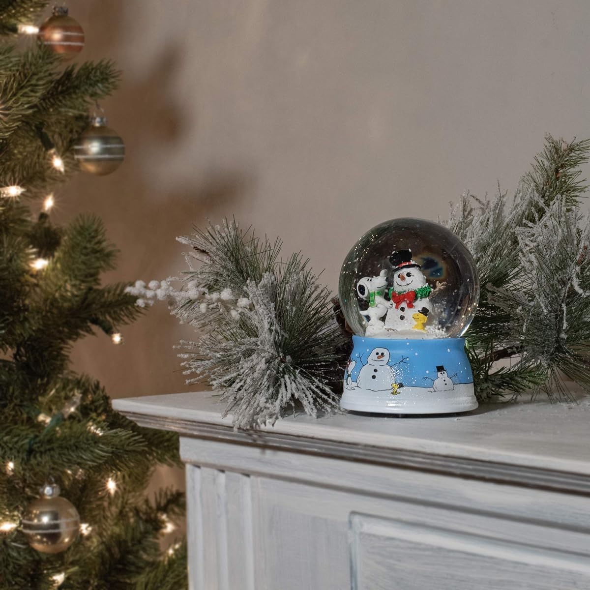 Roman Snoopy and Woodstock Snowman Musical Snow Globe 5.5" Multicolor