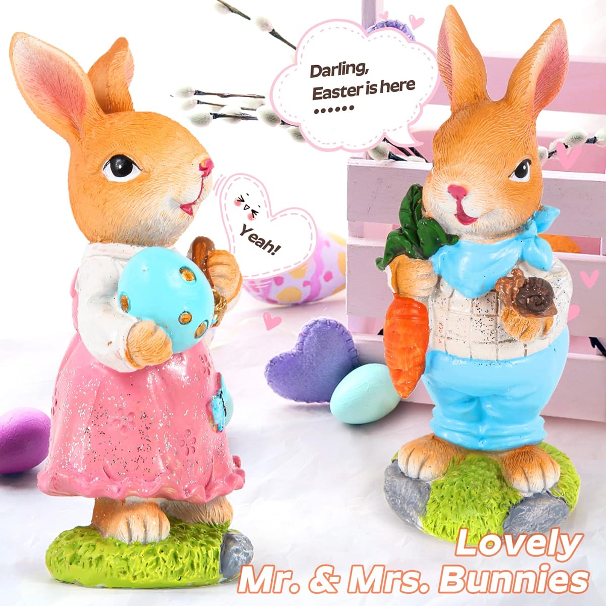 RESAUL Easter Bunny Decorations Home Easter Table Decor Resin Easter Crafts Rabbit Spring Decorations for Easter Party Indoor Home Decorations (2 Pieces in a Set)