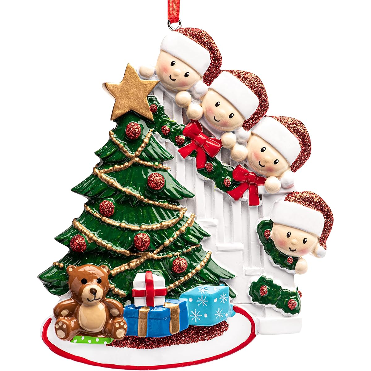 UniqXmas Christmas Ornament Family of 4 Peeking - Free Handwritten Customization | Happy Parents Gift for Children's Friends Christmas Tree Peeking | Customized Unique Keepsake