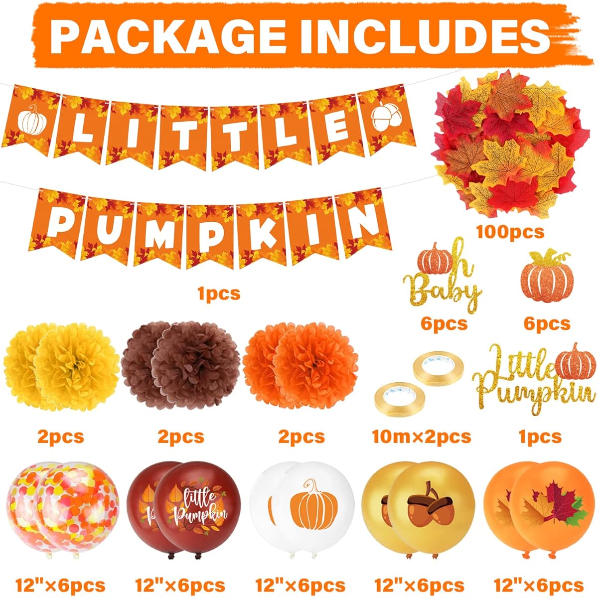 152pcs Little Pumpkin Baby Shower Decorations, Small Pumpkin Banner, Pumpkin Cake Topper, Paper Pom Poms, Latex Balloons, Fall Theme Baby Shower Party Supplies