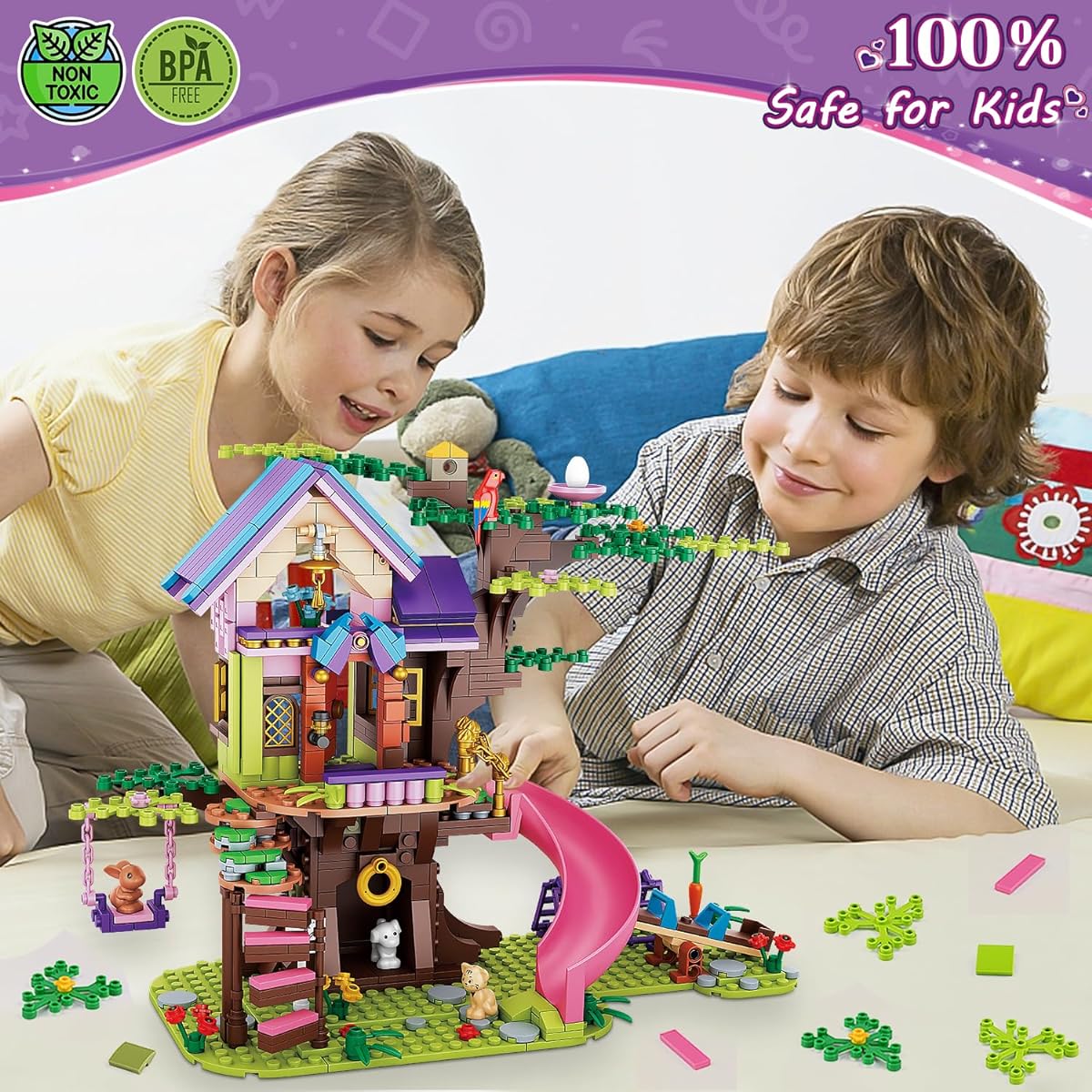PinkBee Friends Treehouse Building Kit for Girls Friendship Forest Jungle Treehouse Pet Amusement Park Toy Set with Seesaw Creative Role Play Birthday Gift for All Ages 8-12,6-12,7-9 (642 Pieces)