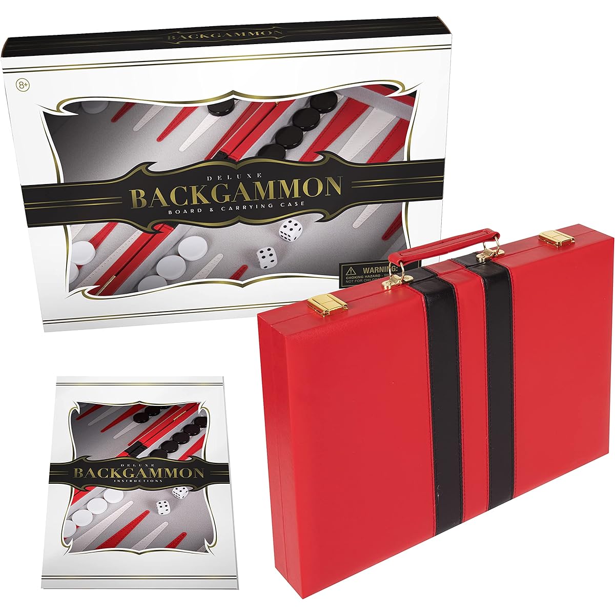 Crazy Games Backgammon Set - 18" Classic Board Game for Adults and Kids with Premium Leather Case and Strategy & Hints Guide (Red, Large)