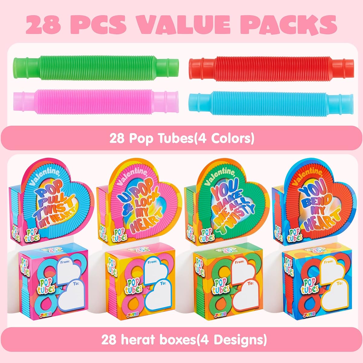 28 Pack Valentine's Day Pop Tubes Sensory Toys with Heart Boxes