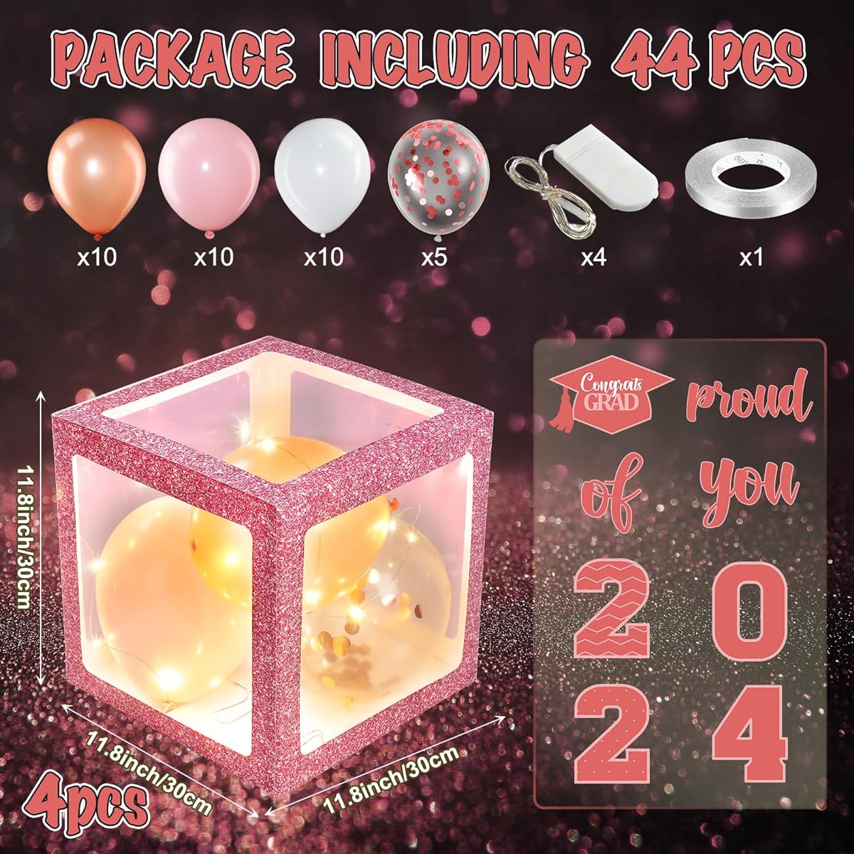 Graduation Box Decorations with Balloons and LED Light Strings Congrats 2023 Graduation Party Supplies Proud of You Balloon Boxes for Class of 2023 School College Party Decorations 44 Pieces (Pink)