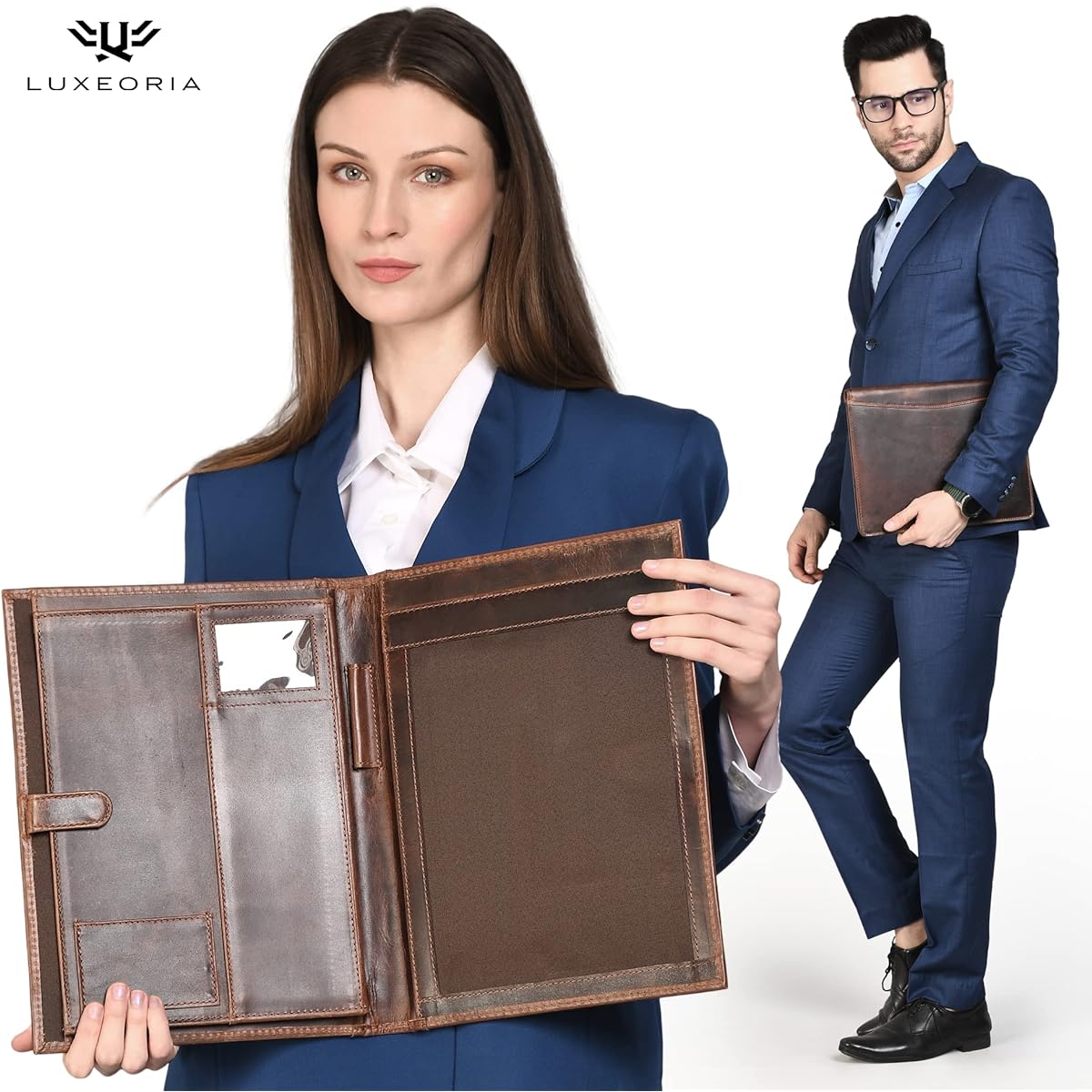 Luxeoria Handmade Full Grain Brown Leather Padfolio Pad Portfolio Organizer | Handmade Executive Notebook Binder | Heavy Duty Full Grain Cowhide Small Meeting Bifold for Men and Women