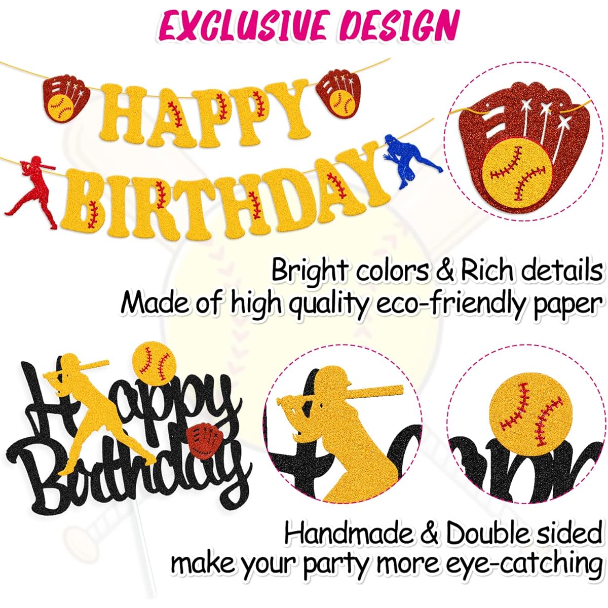Softball Birthday Decorations Happy Birthday Banner Softball Cake Topper Fastpitch Baseball Sports Player Theme Girls Women Boys Kids Birthday Party Supplies