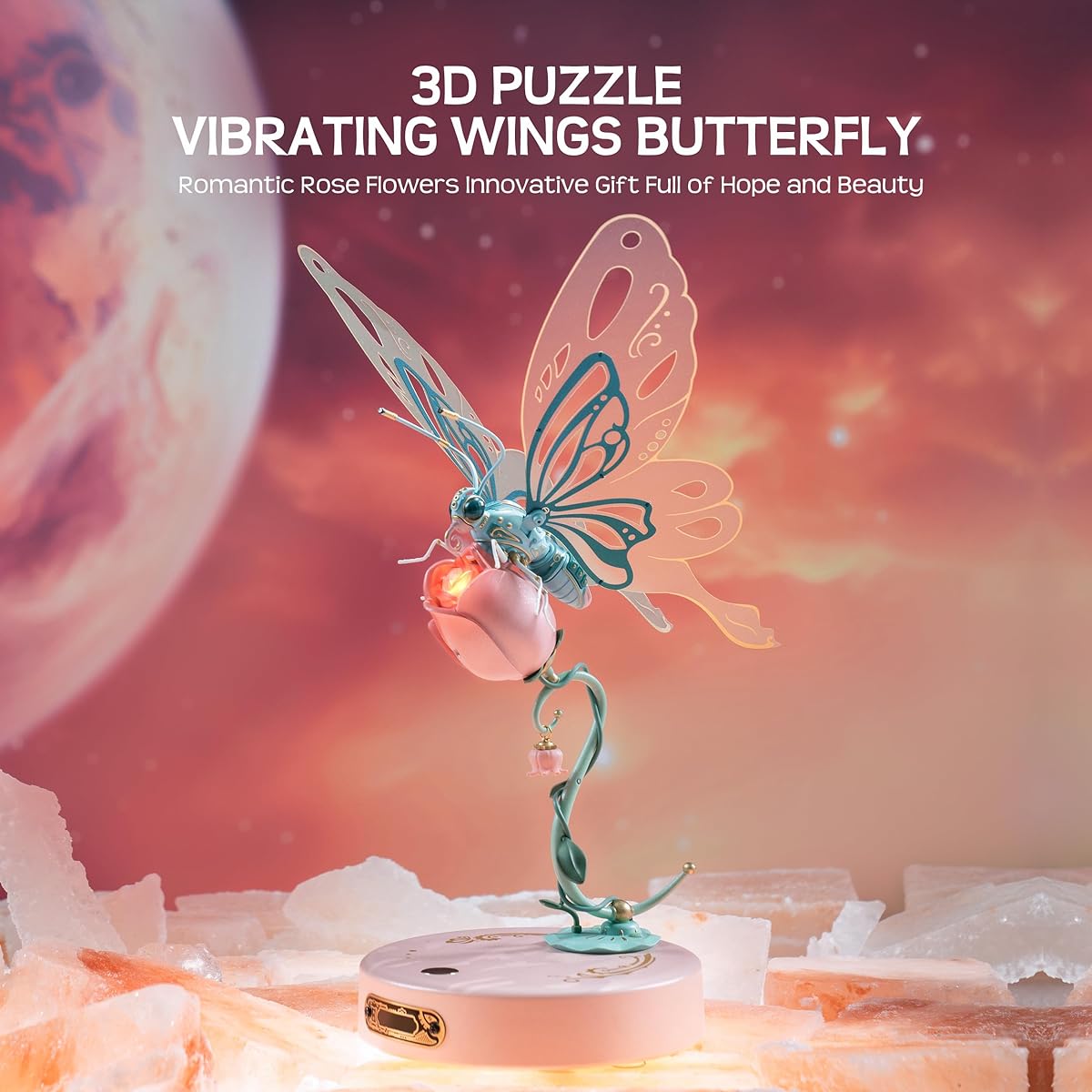 RoWood 3D Puzzles for Adults Mechanical Butterfly Puzzle Species Model Kit Electric Building Toy Kit DIY Creative Craft Gifts for Adults Unique Office & Home Decoration (Pink)
