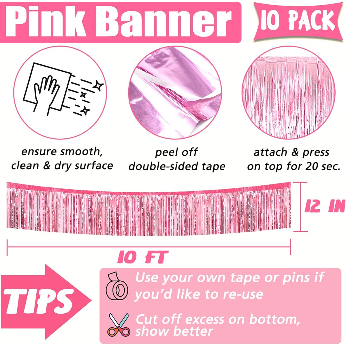 10ft Foil Fringe Garland Metallic Tassel Banner Wall Hanging Tinsel Streamer Backdrop for Parade Floats (Pink)