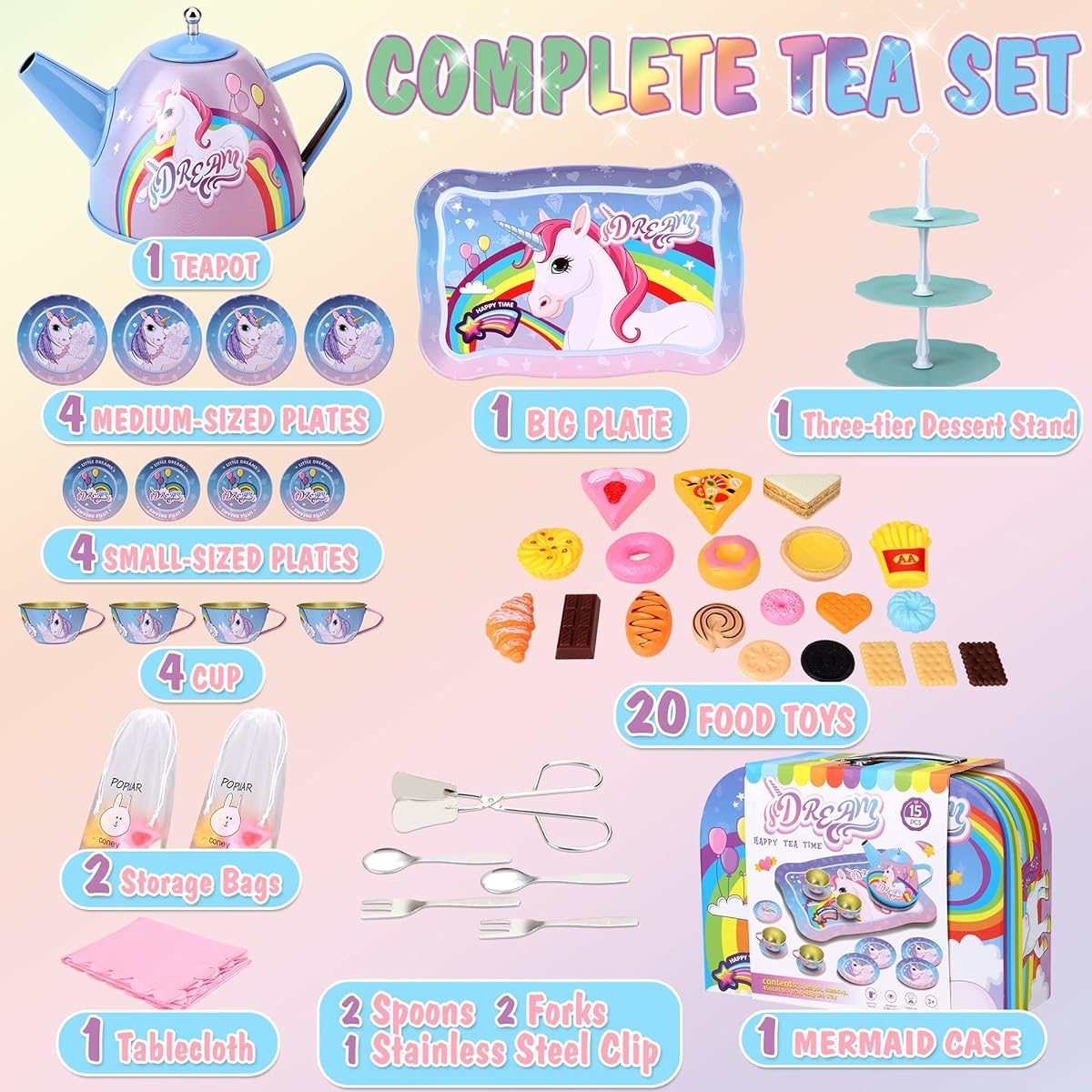 SAITI Unicorn Themed Party Toy Tea Set for Little Girls Princess Tea Party Play Toy Teapot Gift Set for Kids Party Supplies Fun Kitchen Pretend Play Girls Boys 3 4 5 6 7 Years Kids Toy Gift