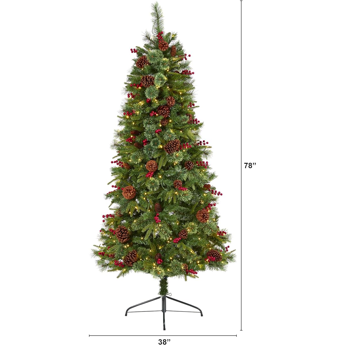 Nearly Natural 6.5' Norwegian Mixed Pine Artificial Christmas Tree with 350 Clear LED Lights, Pine Cones and Berries, Green