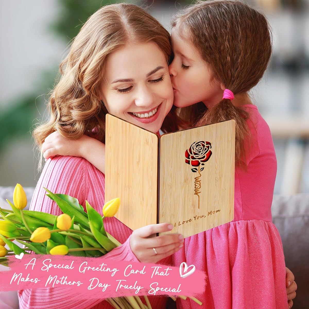Brikabia Mom Birthday Card, Mother's Day Card for Mom, Mom Gifts from Daughter, Wooden Birthday Card, Handmade Birthday Card Gifts for Mom, Birthday, Mother's Day, Christmas.