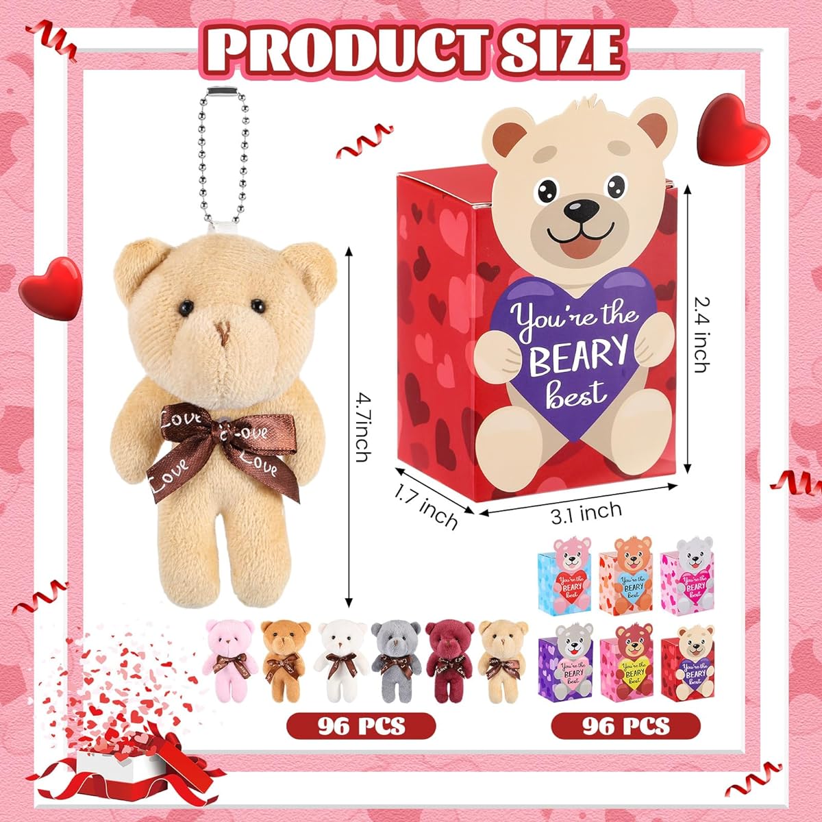 Halloscume 96 Sets Valentine Mini Bear Set 4.7" Plush Stuffed Animals with Box Valentine Gifts Cute Mini Bears Bulk Valentine's Day Gifts Party Favors Wedding Supplies 6 Styles