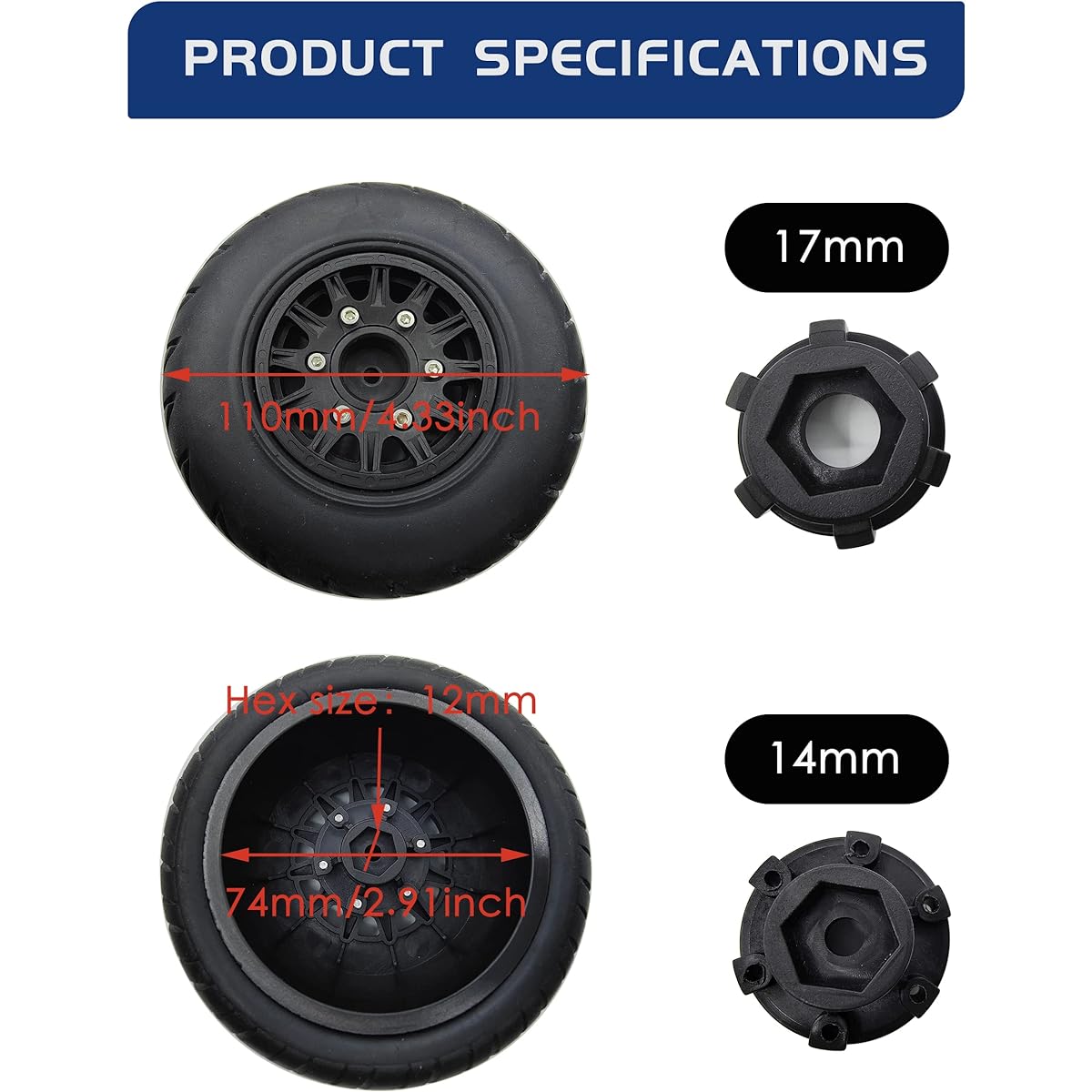 HOPLEX RC Short Course Truck Tires with Foam Inserts 1/10 Scale Arrma Senton Tires Traxxas Slash Tires Axial Redcat Rc4wd Hex Detachable Replacement 17mm 14mm 12mm RC Wheels and Tires