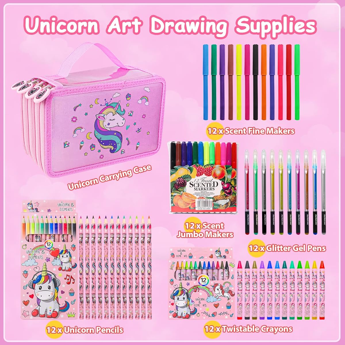 61 Piece Fruit Scented Marker Set with Unicorn Pencil Case, Arts & Crafts for Kids Ages 4-6-8, Perfect Unicorn Gifts for Girls, Kids Markers, Gel Pens, Pencils, Art Supplies, Stationery, Christmas Gifts