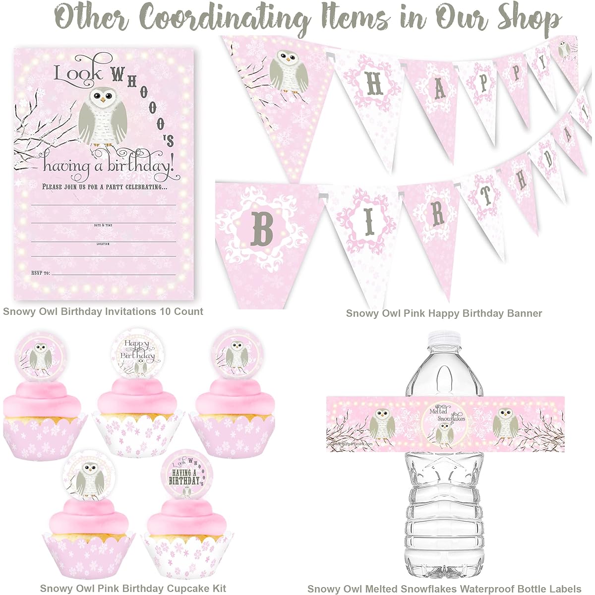 Snowy Owl Pink Happy Birthday Banner Pennant by POP parties