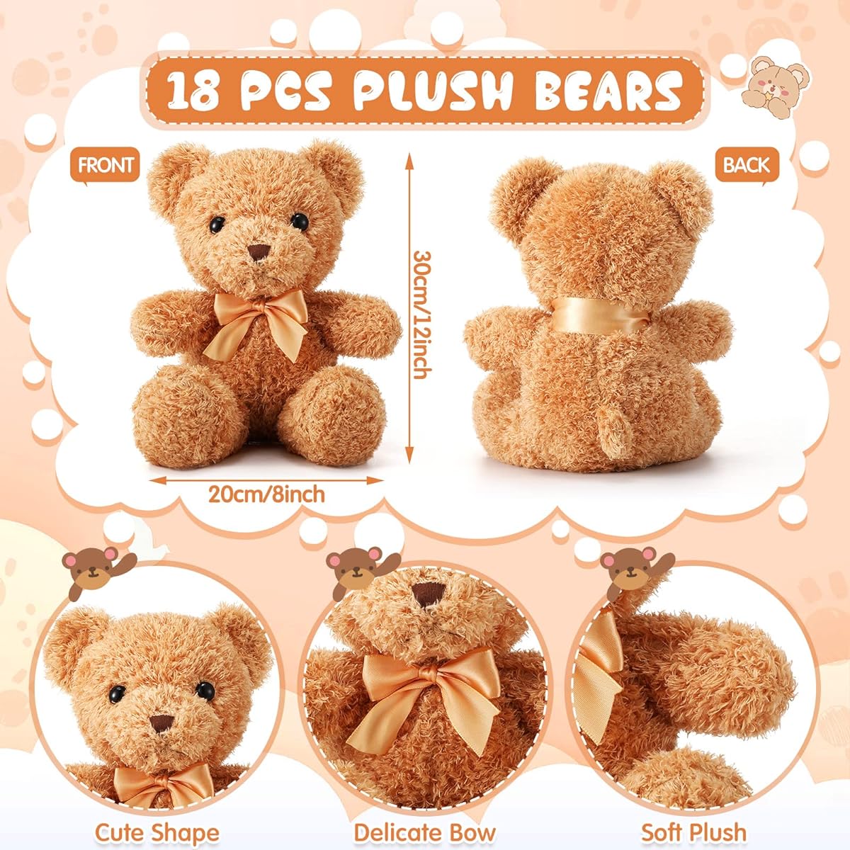 HyDren 18 Pieces Bulk 12 Inch Soft Stuffed Bear Doll Small Stuffed Animal with Ribbon for Girls Boys Baby Shower Christmas Birthday Decoration Gift Party Favor (Light Brown)