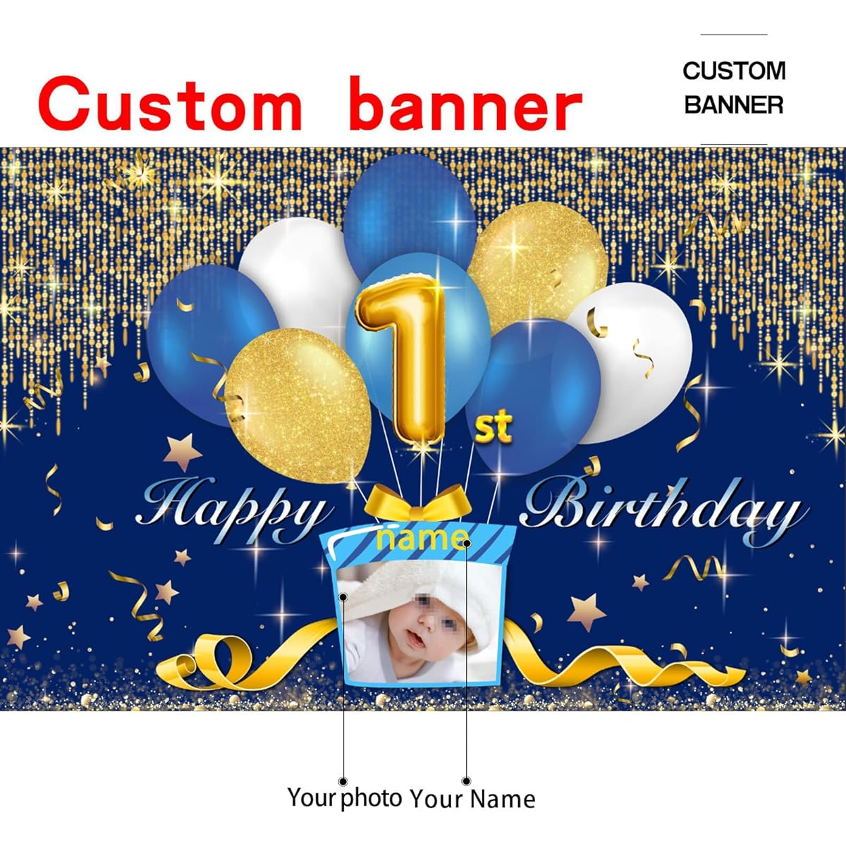 Custom 1st Birthday Decoration Banner - Personalize the celebration with your own photo and name - Navy Blue