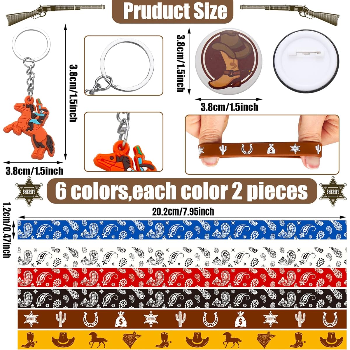 Sureio 86pcs Western Cowboy Party Favors, 12pcs Western Cowboy Silicone Bracelets, 12pcs Western Cowboy Keychains, 12pcs Button Pins, Waterproof Cowboy Stickers for Western Cowboy Theme Party