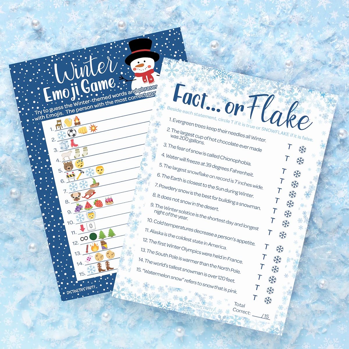 Winter Holiday Party Games – Winter Themed Emoji Picture Guessing Game and Facts or Flakes Winter Trivia (Set of 2 Games) – 25 Double-Sided Cards – Winter Wonderland Party, Classroom Snow Day Party, Little Snowflake Baby Shower Game Supplies
