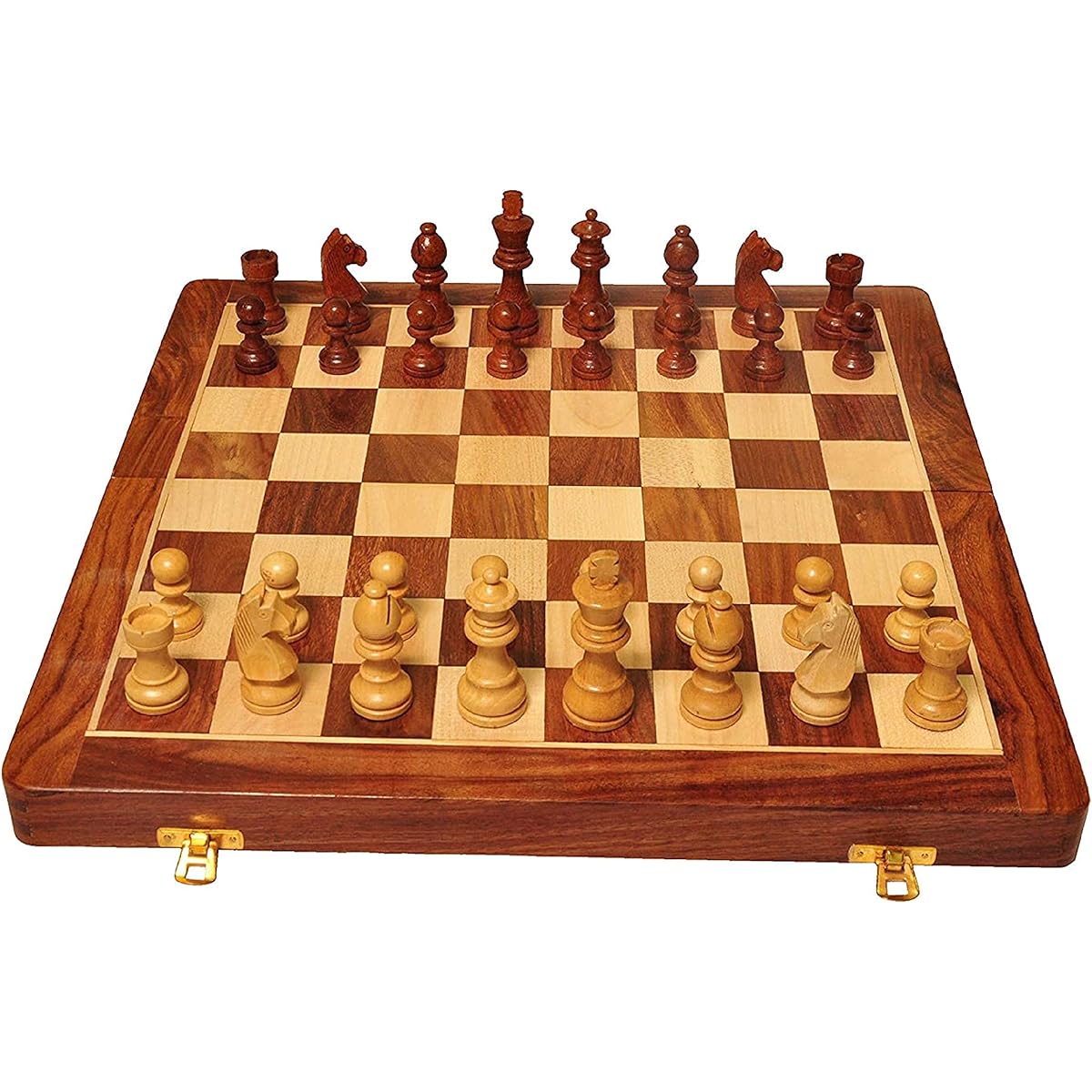 Handmade Wooden Box Folding Chess Board Game with Hand Carved Magnetic Chess Pieces Set (Folding-12x12)