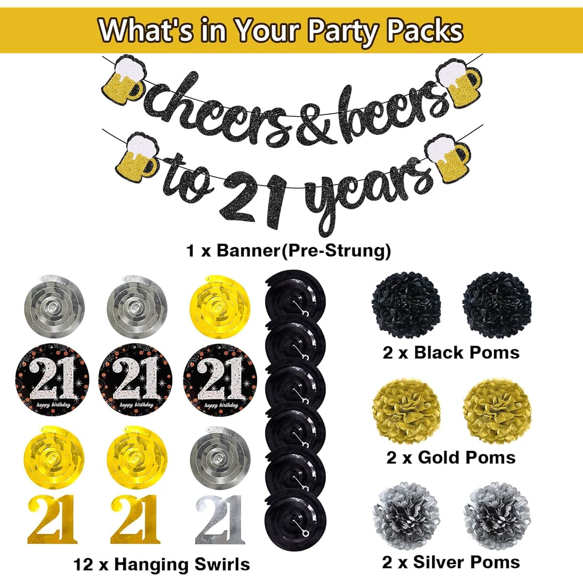 21st Birthday Decorations Kit for Men and Women, 21st Birthday Decoration Banner with Pom Poms, 21st Sparkly Hanging Swirls Decorations for 21st Birthday, Wedding Party Supplies Decorations