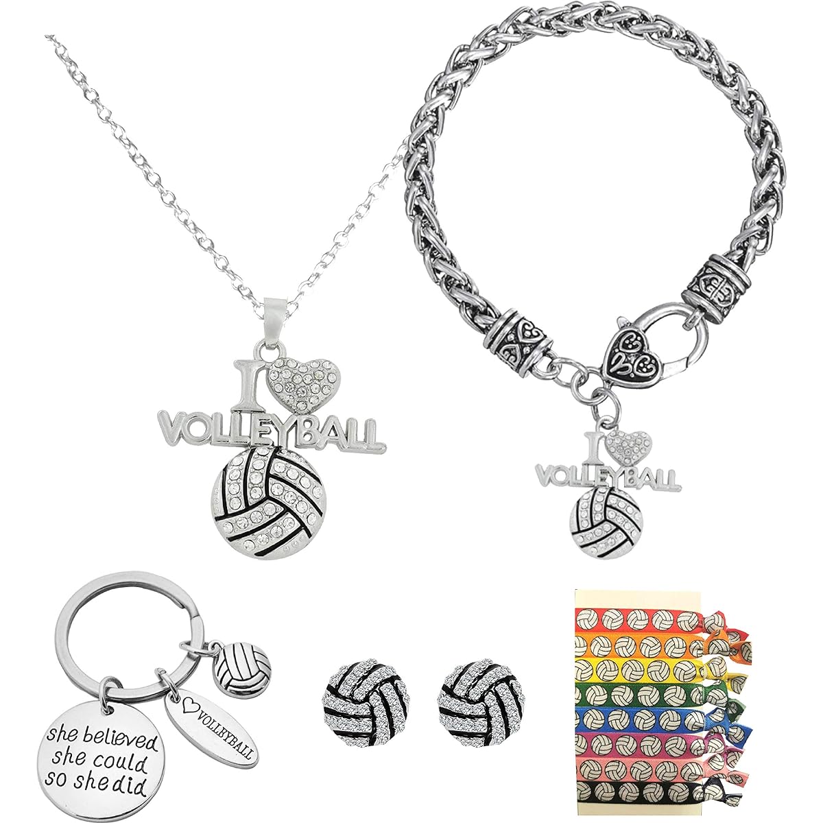 volleyball girl gift set,volleyball girl necklace,volleyball girl bracelet,volleyball earrings,volleyball key chain,volleyball ponytail tie for girls,volleyball girl jewelry set,volleyball gifts.