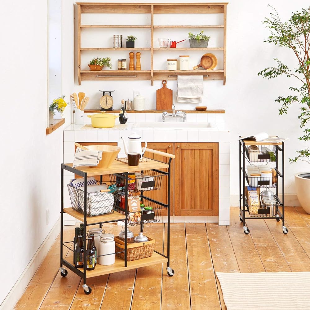 Shirai Sangyo Kitchen Wagon Stocker with Casters Natural Brown Width 69.2 Height 84.8 Depth 44.5cm RNT-8570W Rinatura