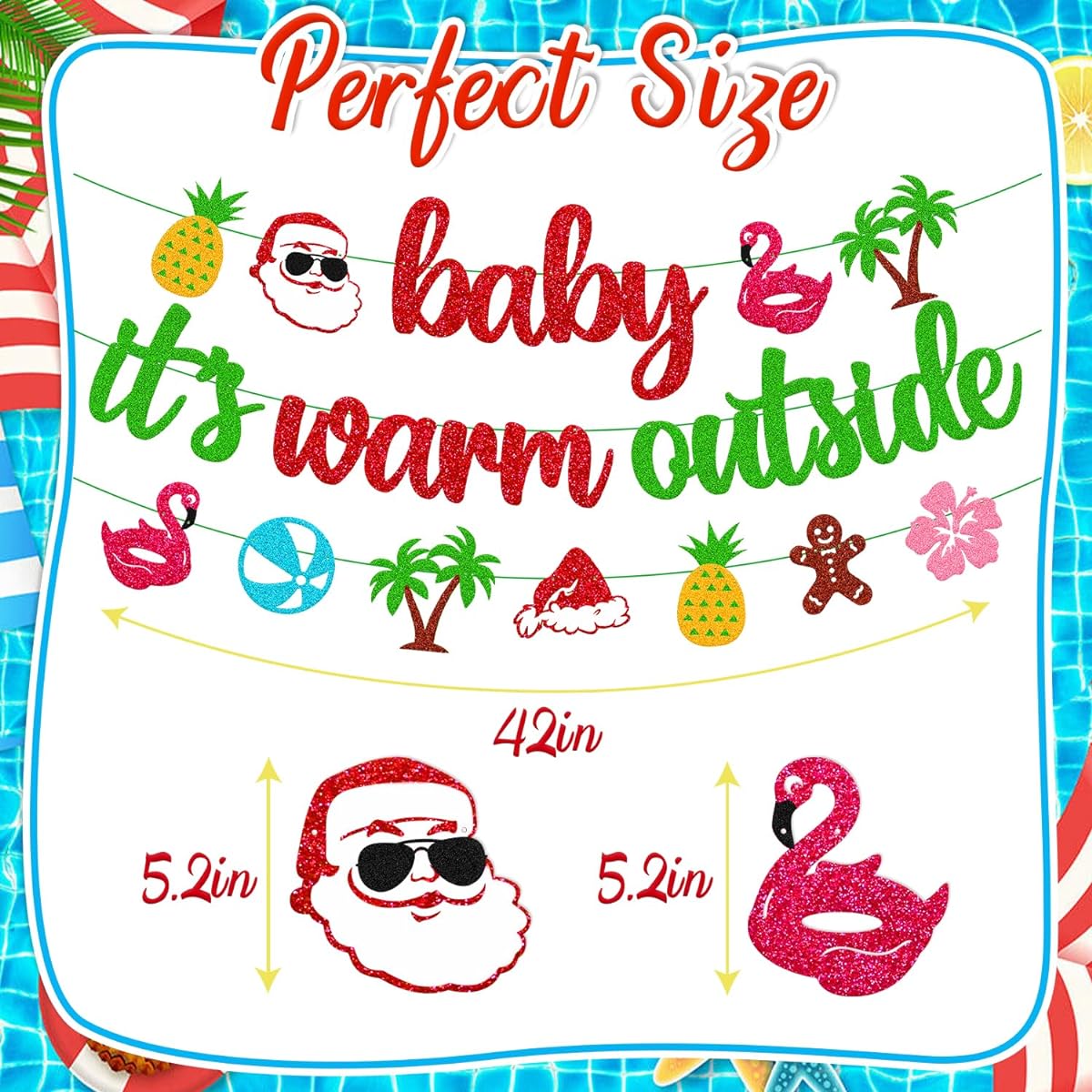 Baby It's Warm Outside Banner Hawaii Mele Kalikimaka Christmas Summer Party Decorations Tropical Summer Flamingo Pineapple Beach Ball Coconut Tree Hibiscus Flower Gingerbread Man Sign Party Supplies
