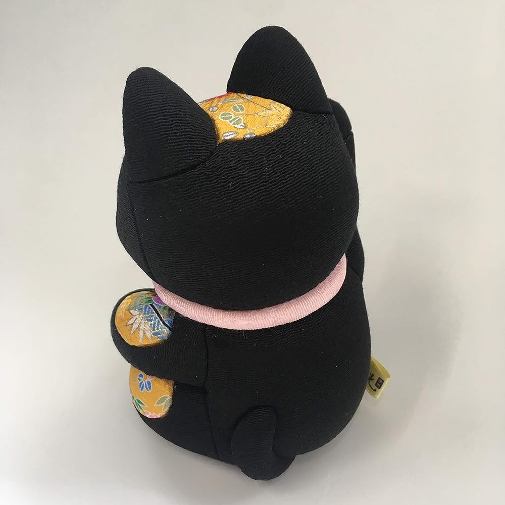 Lucky Cat Large Feng Shui Black Traditional Craftsman Toko Kakinuma Kimekomi Doll Made in Japan