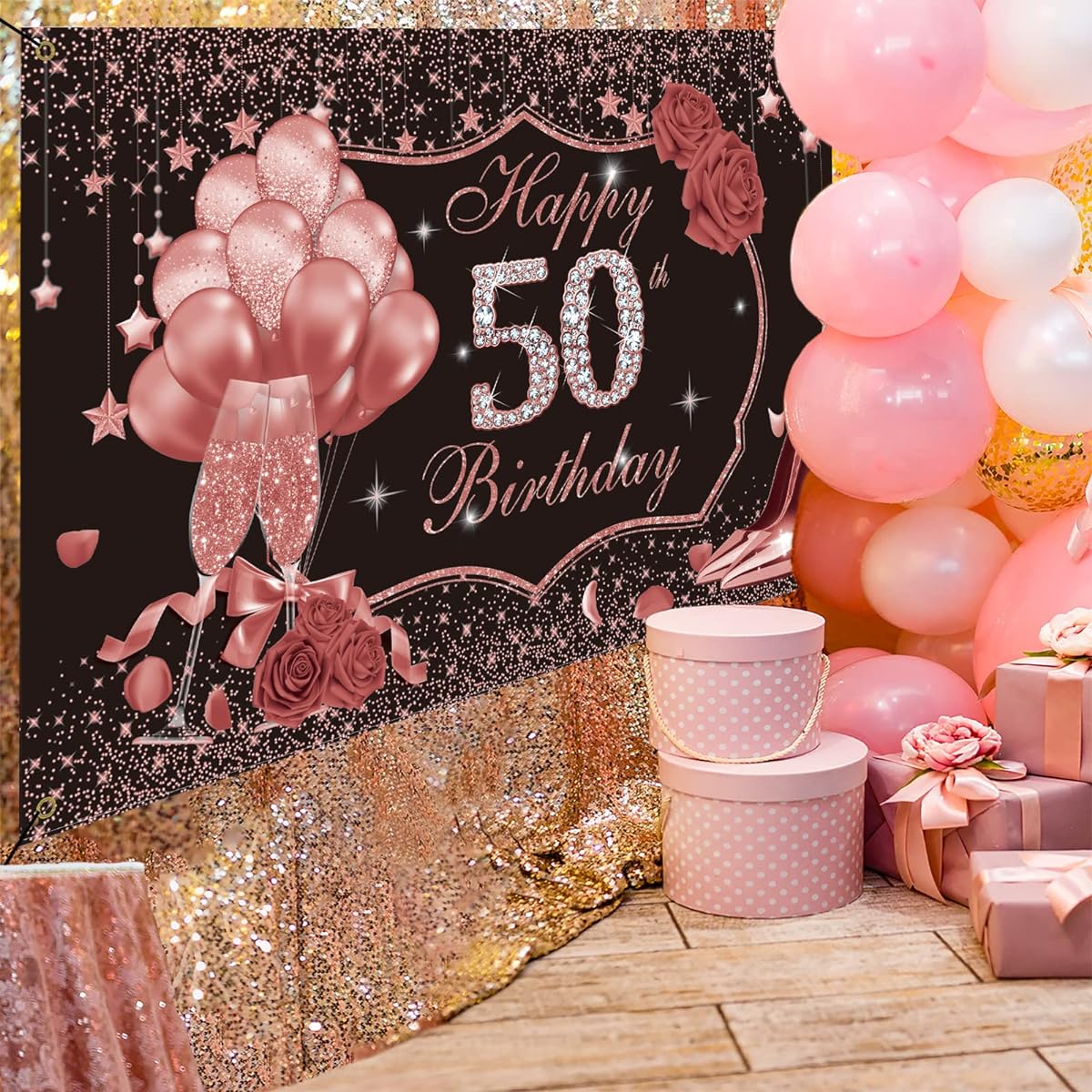 Ufocusmi 50th Birthday Decorations for Women Rose Gold Happy 50th Birthday Backdrop Banner 50 Years Party Supplies 50 Birthday Photo Background 6x4ft