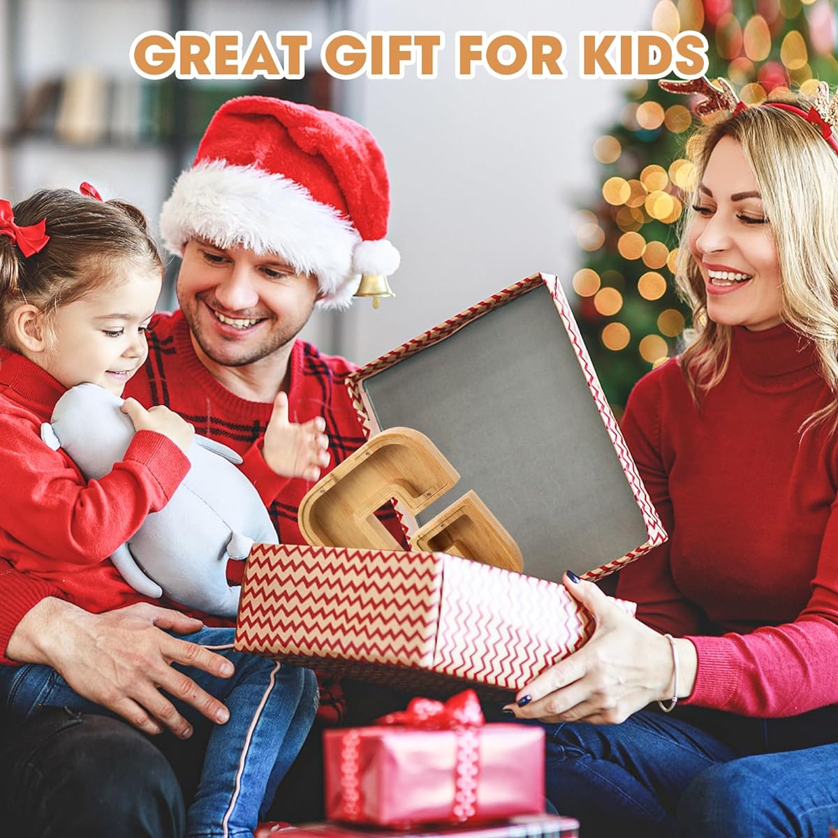 Wooden Letter Piggy Bank for Kids Boys Girls Adults 10 Inch Large 26 Letters Unbreakable Money Box DIY with Stickers Christmas New Year Birthday Gift - E