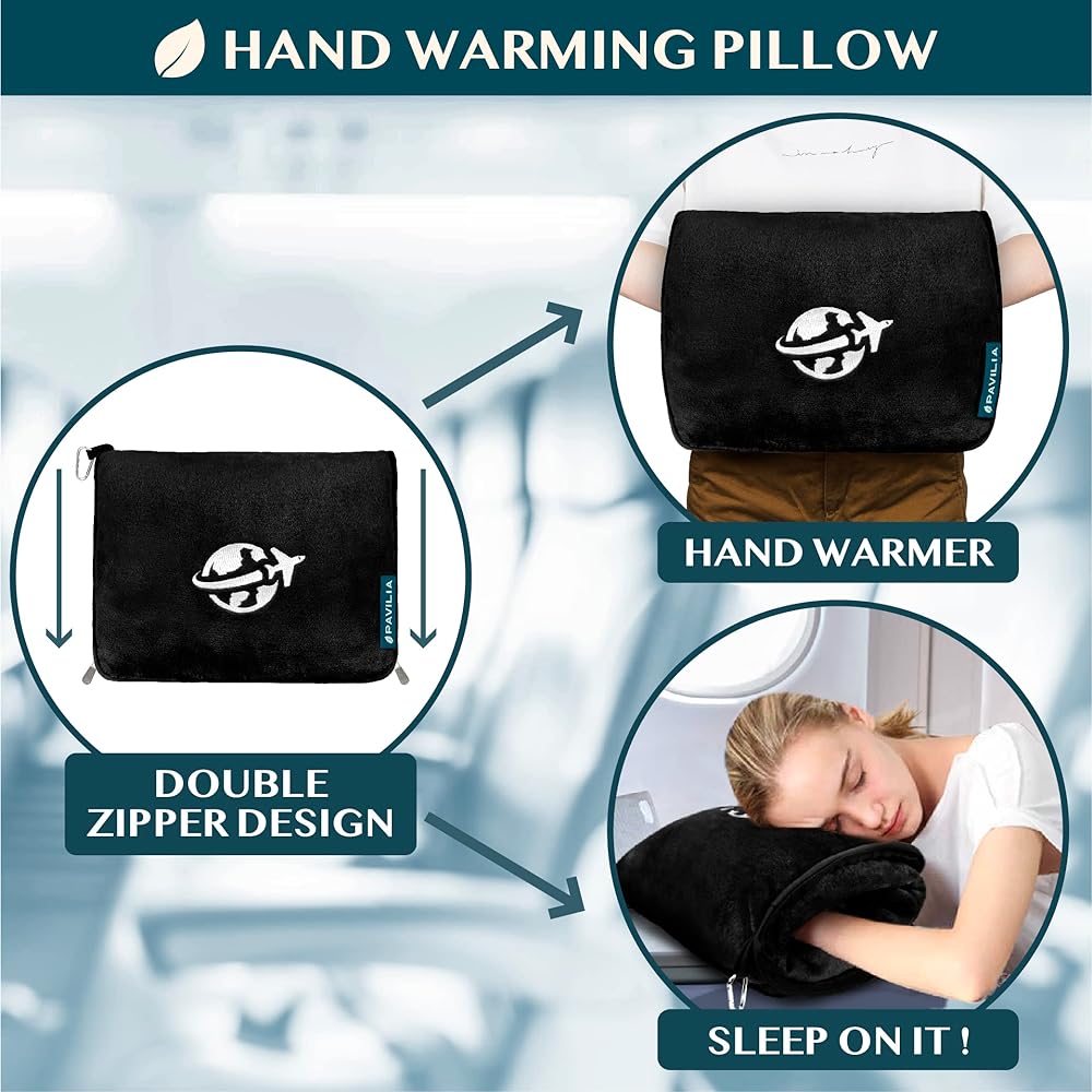 PAVILIA Travel Blanket and Pillow, Warm Airplane Blanket for Adults, 2-in-1 Bag, Compact Airplane Blanket, Airplane Blanket for Airplanes, Camping, with Armholes, Luggage Sleeve, Backpack Clip, Gift for Travelers, Black