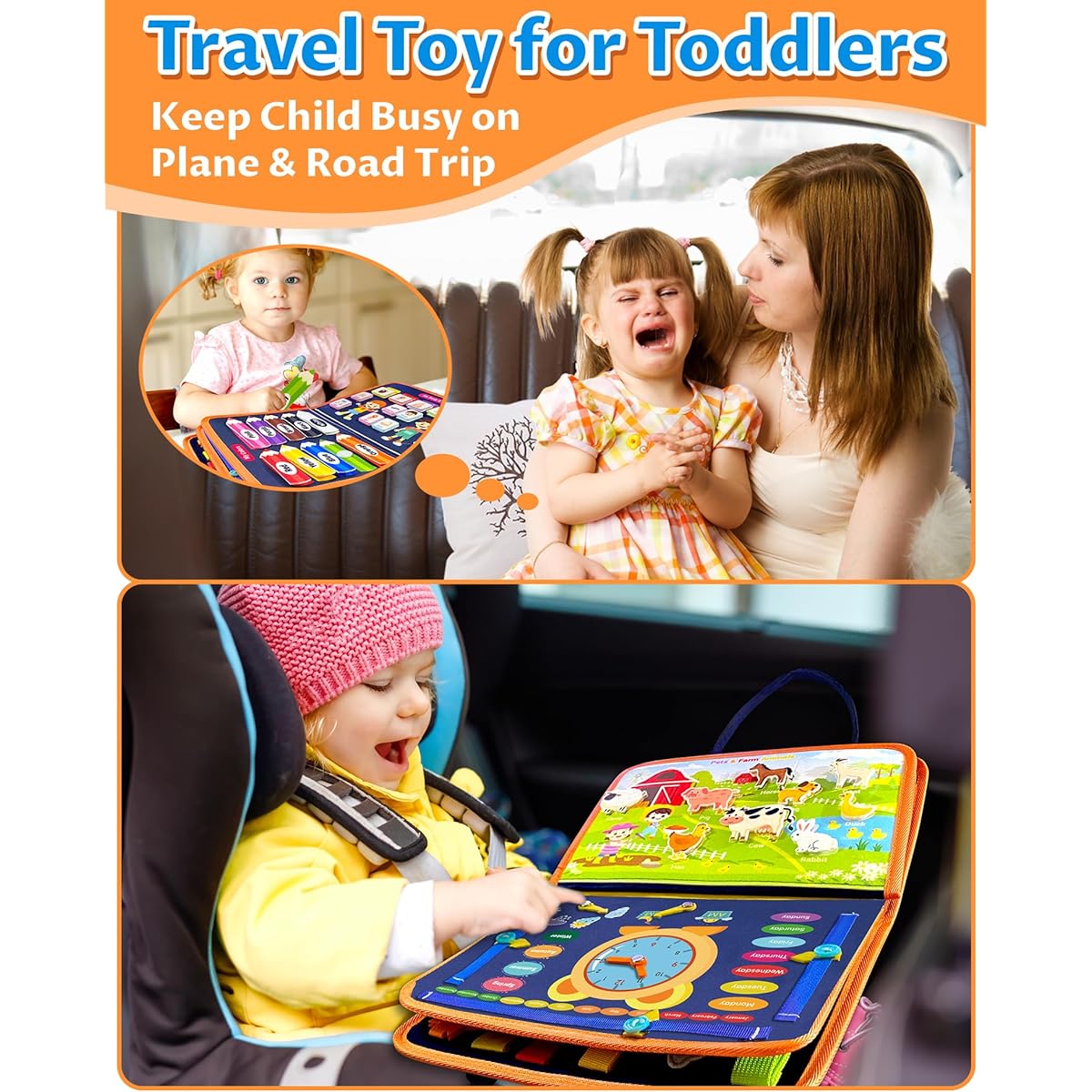 Exorany Busy Board for Toddlers, Montessori Toys for 1 2 3 4 Year Old Boy & Girl Gift, Sensory Board Educational Toys Busy Book for Toddlers 1-3, Travel Activities Toys for Learning Fine Motor Skills