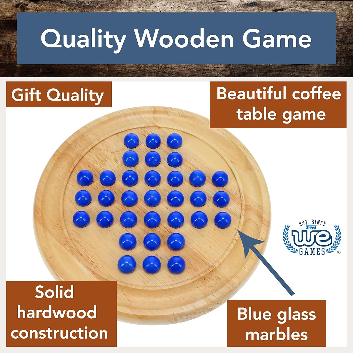 We Games Solid Wooden Solitaire, Blue Glass Marbles