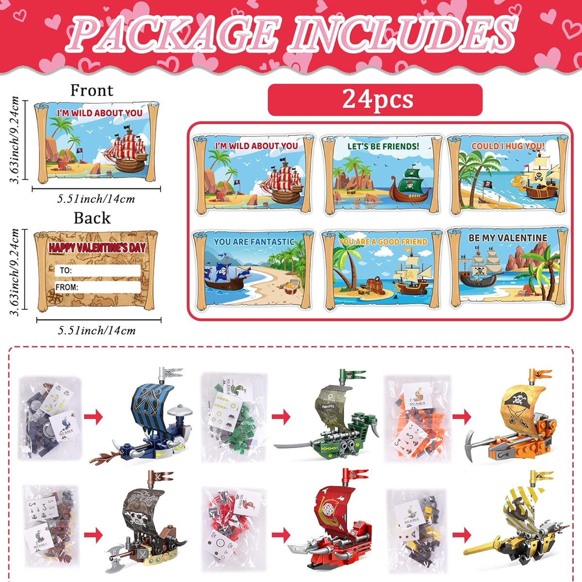 gisgfim 24 Pieces Valentine's Day Cards with Pirate Shipping Blocks for Kids Valentine's Day Greeting Cards Valentine Gift Exchange Cards Girls Boys School Classroom Prizes Party Favors Toys