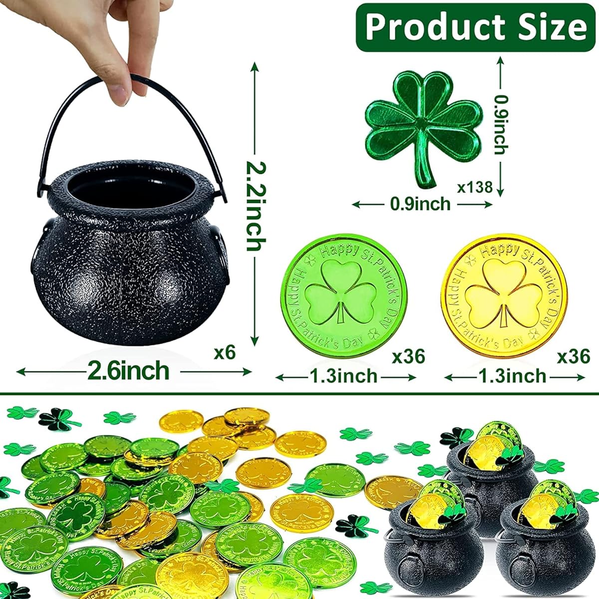 St. Patrick's Day Party Decorations Cauldron Kettle with 6pcs Plastic Shamrocks, Gold Coins, 138 Clovers, Confetti, Sprinkles Lucky Irish St. Patrick's Day Decor Table Home Indoor/Outdoor Party Supplies