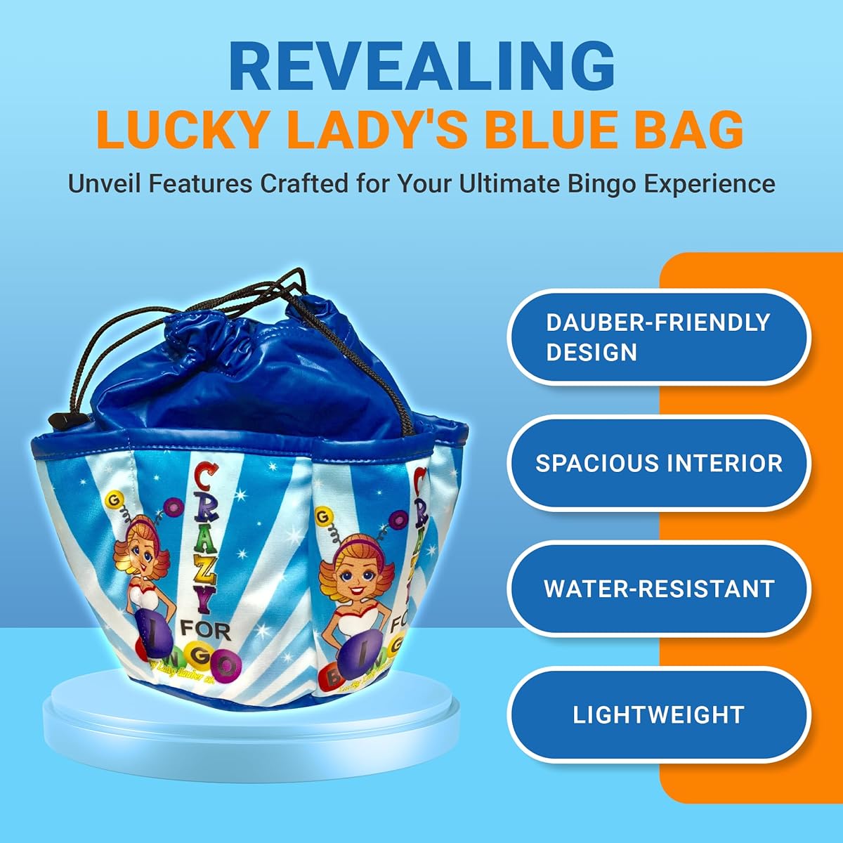 Lucky Lady Blue Bingo Bag "Go Crazy for Bingo" with 6 Pack Bingo Daubers