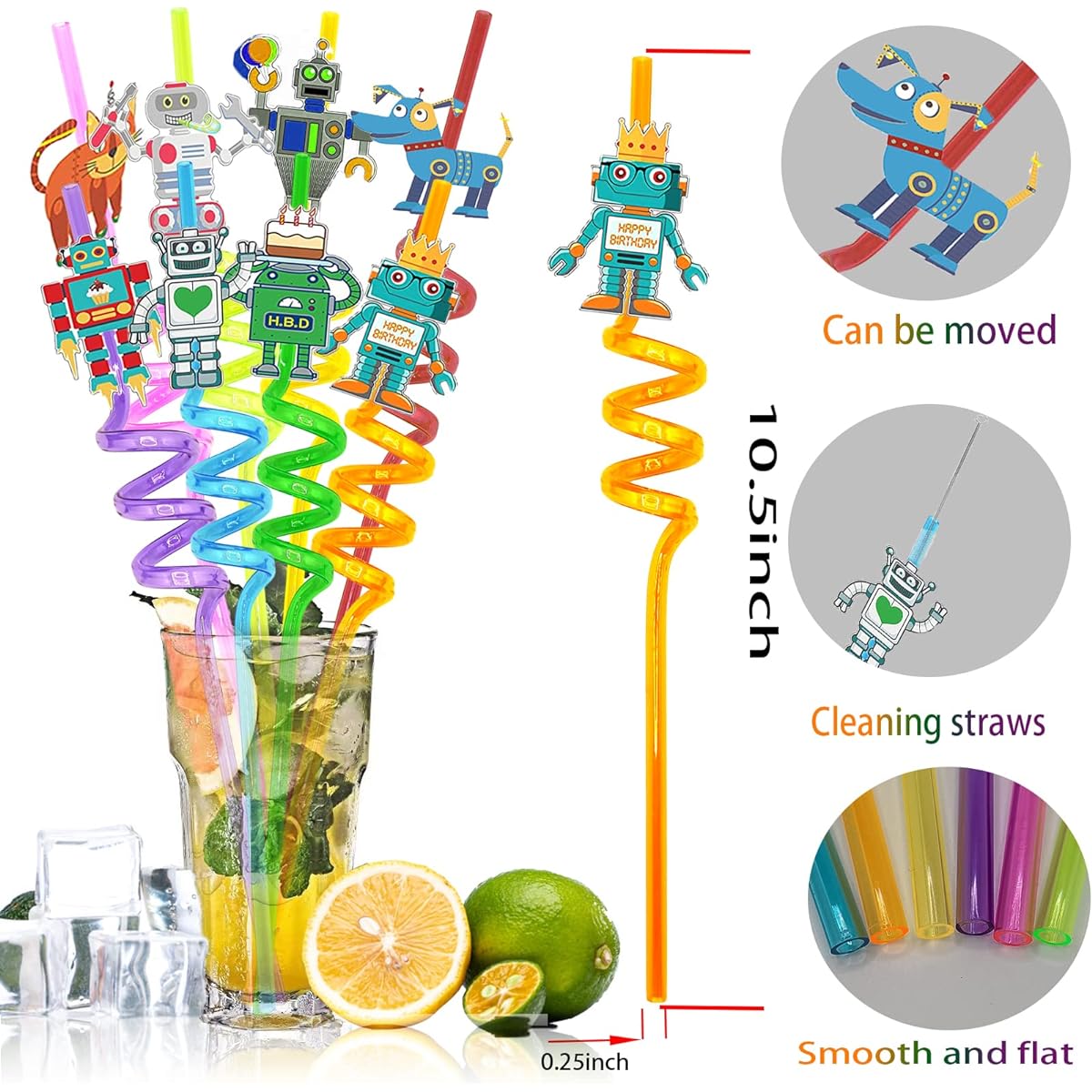 24 robot-themed straws and 2 brushes. Perfect for birthday decorations, reusable straws, and party favors for boys and girls.