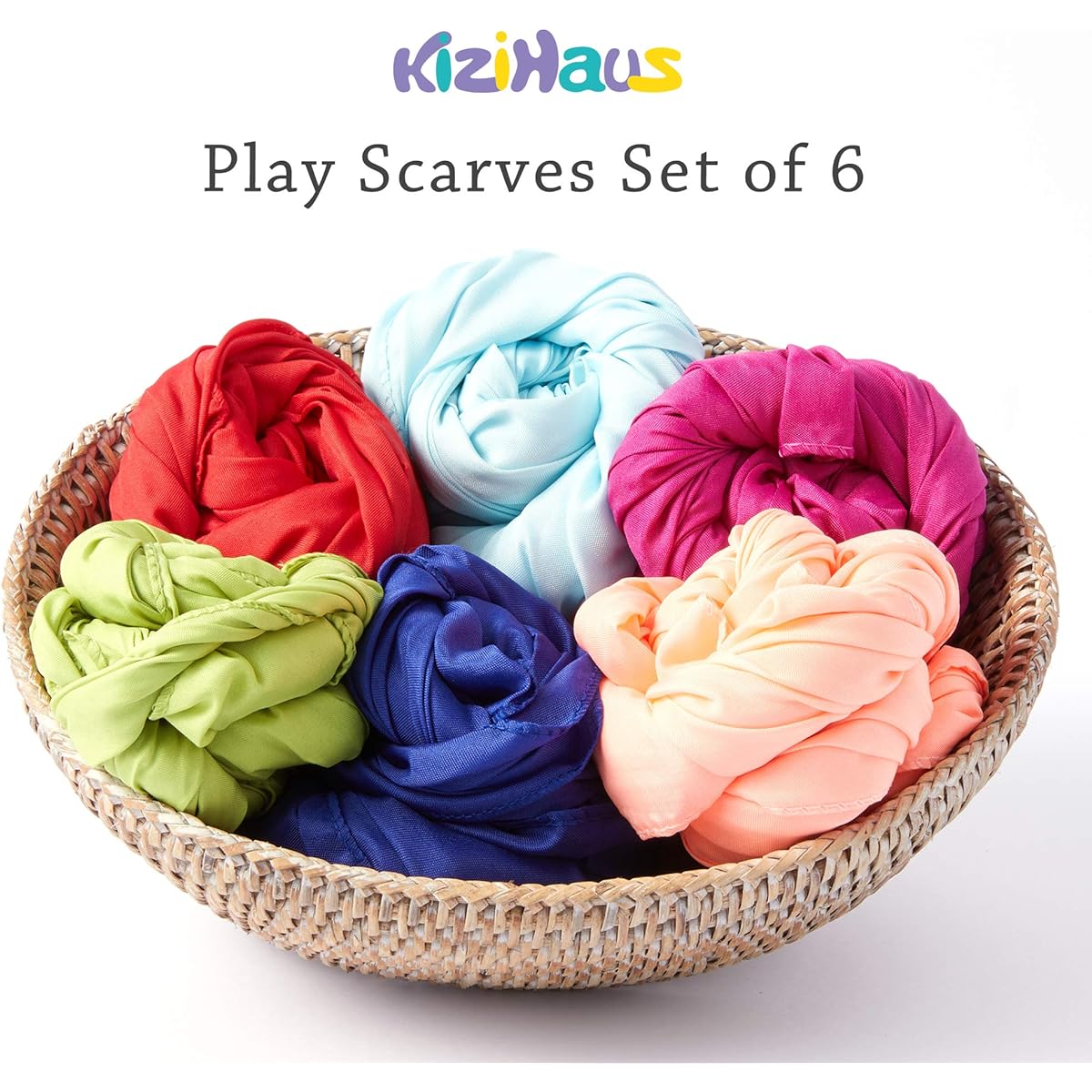 kizihaus 6 Piece Play Scarf Set with Storage Bag - Kids 35" Polyester Silk | Dance Scarf | Pretend Play, Red, Dark Blue, Sky Blue, Green Yellow, Dark Magenta, Dark Coral. , 35"x35"