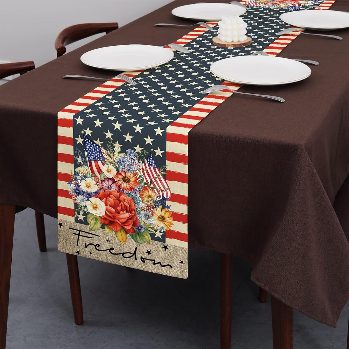 4th of July Freedom Table Runner Patriotic Floral Flag Table Runner 108" Long Kitchen Dining Table Decor Independence Day Holiday Party Indoor Outdoor Decor