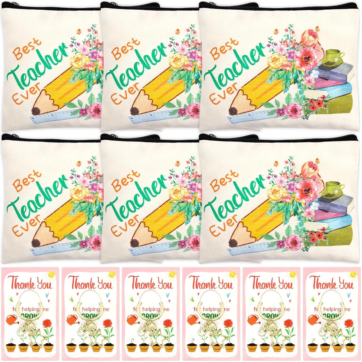 WorldBazaar Teacher Appreciation Gift Set 12pcs Teacher Appreciation Gifts Teacher Gifts Teacher Gift Kit Bag Makeup Pouch Pencil Bag Teacher Blessing Card Keychain Cosmetic Bag Kit Teacher's Day