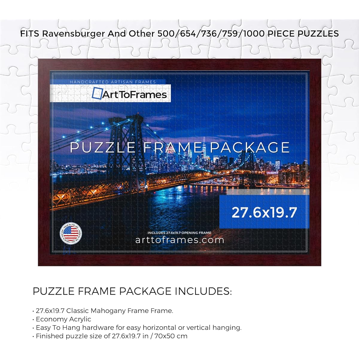 ArtToFrames 27.6x19.7 inch/70x50cm Brown Frame for 1000 Piece Puzzle This 1.25 inch custom MDF puzzle frame is made of mahogany with economy acrylic (Puzzle FRBW26039-27.6x19.7)