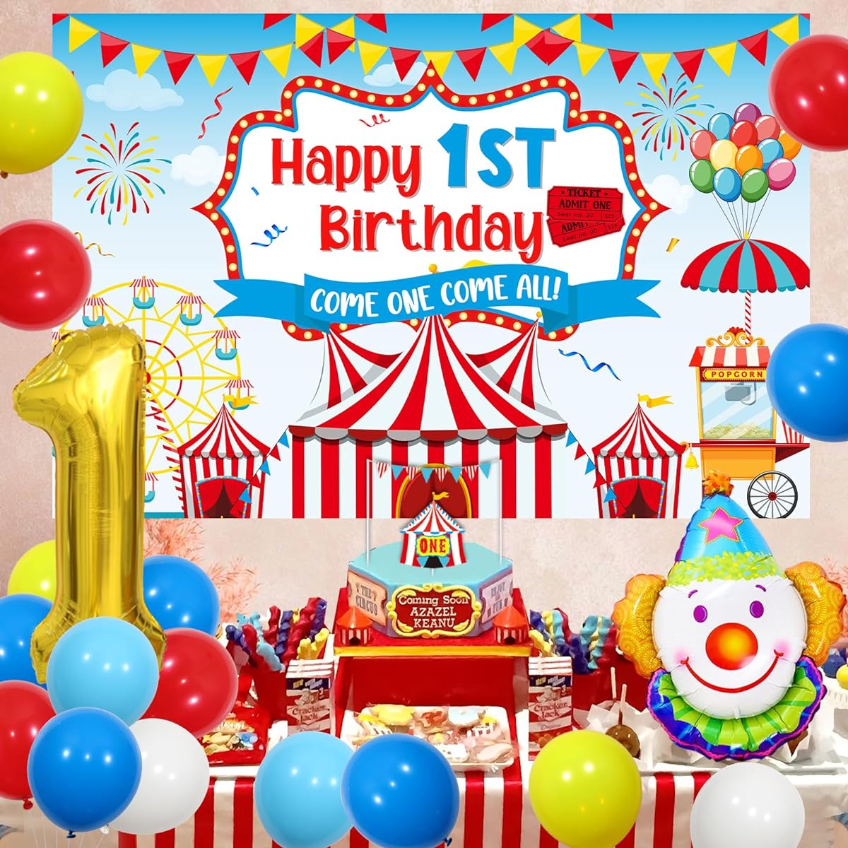 Balterever Carnival Theme Party Decorations, 1st Birthday Circus Theme Party Supplies with Circus Happy Birthday Backdrop Cake Topper Carnival 1st Highchair Banner for Carnival Circus Showman Party